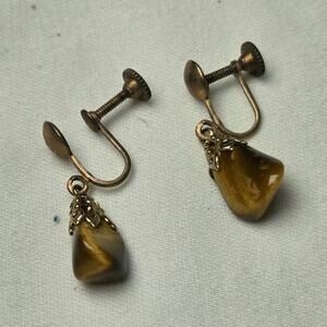 Vintage Tiger's Eye Dangle Drop‎ Earrings Gold Brown Screw Back Irregular Stone